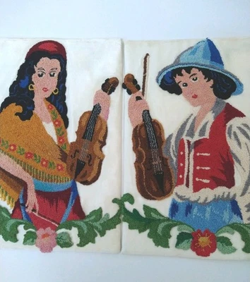 2 Embroideref Finished Pieces Punch Needlepoint On Silk Vintage Musician 10"/15" - Image 1 of 4