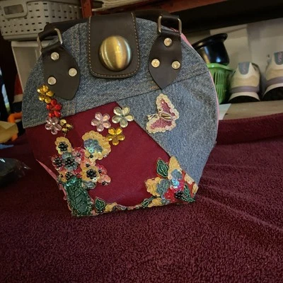 Handmade Denim Purse, Leather Handles. Unique. Rhinestones, Beads, And Sequins., - Image 1 of 4