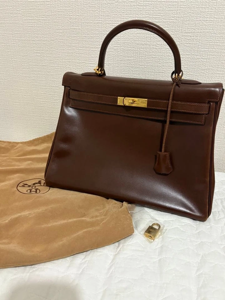 Hermes Kelly 35 Retourne Becerro Marrón Vintage GHW con Correa Z Foto 1 de 4
