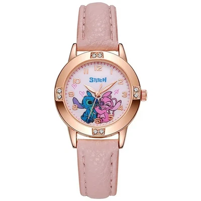 Reloj de pulsera con correa rosa de personajes de dibujos animados de cristal inspirado en Stich & Angel para niños Foto 1 de 3