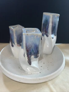 Vintage Kerzenständer Halter 3 Keramik Kunst Studio blau Tropfglasur Drehteller Kegel - Bild 1 von 6