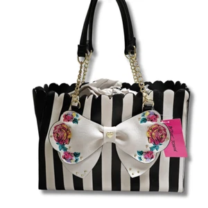 Luv Betsey Johnson Flowered Chain Handle Tote Bag Bow Pink Black Stripe 15x11x6 - Picture 1 of 17