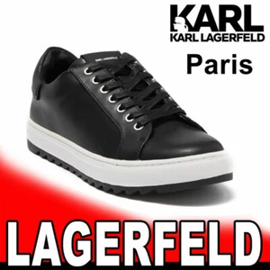ZAPATILLAS LIMITADAS KARL LAGERFELD PARIS CON LOGOTIPO CLÁSICO IMPRESO CUERO NEGRO MRP $255 - Imagen 1 de 11