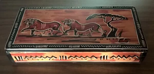 Soapstone Carved Lidded Jewelry Trinket Box Africa Theme Painted Lions Folk Art - Picture 1 of 15