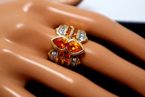 Vintage 1990s Technibond Sterling Silver Bold Ring w/ Orange & Clear Stones, 7 - Picture 1 of 6