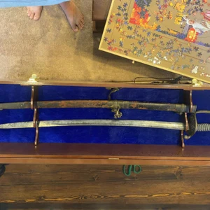 Sword Display Case Walnut & Blue Saber USMC NCO Navy Katana Blade Wood Cabinet - Picture 1 of 18
