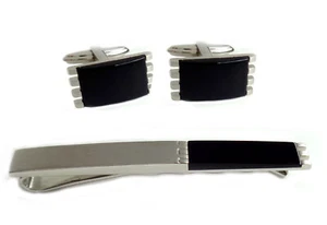 Edelstahl Manschettenknöpfe + Krawattenschieber + Onyx schwarz m.i. G. STS03s - Bild 1 von 18