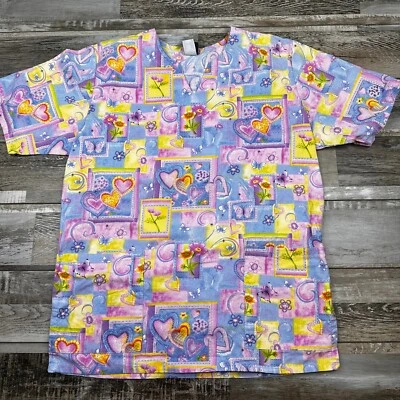 Women's S Barco Scrub top pink blue hearts butterfly Nurse Medical - Image 1 of 4