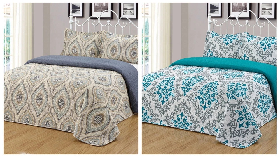 3Pc Reversible Quilt Set Bedspread Bedding Coverlet Set Floral King - Image 1 of 1