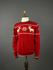 Men Gant Red Wool Warm Winter Deer Print Knit Sweater Size L Pit to Pit 22" - Picture 1 of 9