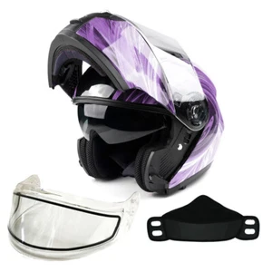 Casco de moto de nieve abatible modular púrpura para adultos con doble lente protector antiniebla DOT - Imagen 1 de 10