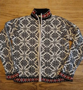 Vtg LL Bean Full Zip Nordic Fair Isle Cardigan Cotton Black White Red Womens M - Picture 1 of 7