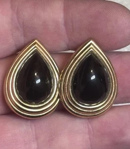 Vintage Christian Dior Domed Black Enamel Goldtone Clip On Earrings #10 - Picture 1 of 7