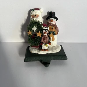 Vintage Christmas Stocking Holder Santa wtih Wreath Snowman Penguin Folk Art - Picture 1 of 4