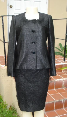 BILL BLASS NEGRO TEXTURIZADO HOJA SUPERPUESTA FALDA 4 BOTONES CHAQUETA FALDA Talla 14/12 Foto 1 de 4