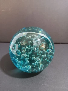 Vintage Controlled Bubble Paperweight Aqua Art Glass Orb Round 3.5 Inch - Picture 1 of 8