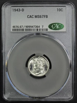 1943 D Full Split Bands Mercury Silver Dime 10C CACG MS 67 FB CAC - Image 1 of 4