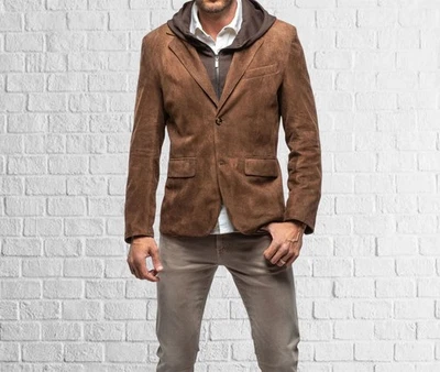Men’s Tan Suede leather blazer with button closure and sleek tailored fit - Image 1 of 4