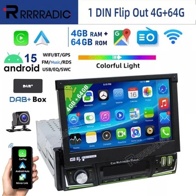 4+64G 1 DIN 7 Zoll Flip Out Carplay DAB+ Autoradio Android 15 GPS WIFI FM BT KAM - Bild 1 von 4