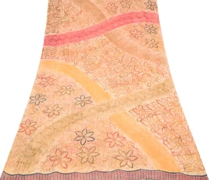 Sushila Vintage Peach Scrap Saree 100%Pure Georgette Printed Remnant Sari Fabric - Picture 1 of 8