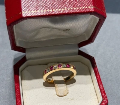 复古卡地亚钻石红宝石 18k 黄金戒指 带盒 US5.25 EU50 — 第 1/4 张图片