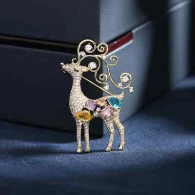 Luxury Gold Reindeer Brooch Pin–Crystal Rhinestone Christmas Jewelry Gift Women - Image 1 of 4