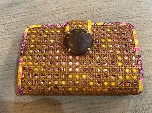 Vera Bradley Tiki Straw Clutch Bali Gold Yellow Purple Brown Wood Wicker - Picture 1 of 6