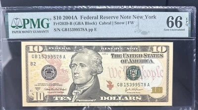 $10 2004A Federal Reserve Note New York Fr#2039-B (GBA Block) Cabral/Snow 66EPQ - Image 1 of 4