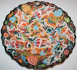 Orange & Black 12" Turkish Iznik Raised Tulip Pattern Hand-made Ceramic Plate - Picture 1 of 3