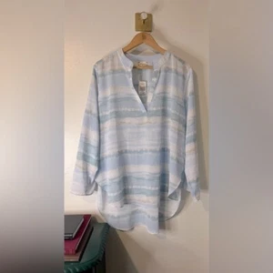 NWT Cloth & Portrait Blue Watercolor Sheer Blouse Convertible Sleeve Sz XL - Picture 1 of 10