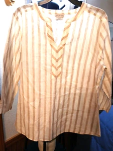 Van Heusen Linen Tunic Womens Size Lg White Tan Striped 3/4 Sleeve Linen Blend - Picture 1 of 5