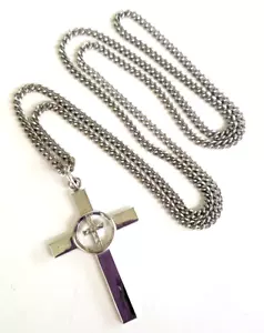 Vintage Theda Edelstahl silberfarben Kreuz Anhänger Halskette 24" ohne Verschluss - Bild 1 von 6