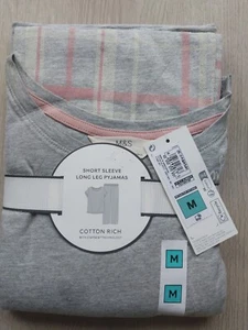 M&S Ladies Pyjama Set Size 12-14 Grey/ Pink Long Leg Short Sleeve New - Picture 1 of 4