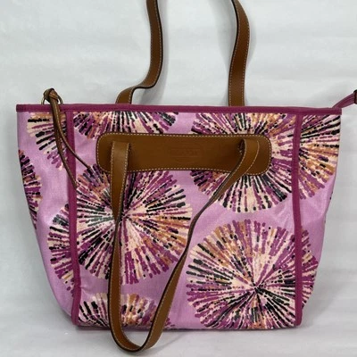 Fossil Large Tote Bag Pink Coated Canvas Fireworks Zip Closure Travel Beach - Image 1 of 4