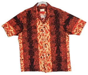 IOLANI Vintage 60s Barkcloth Loop Collar Hawaiian Shirt Fiery Tribal Tiki Mens L - Picture 1 of 24