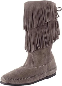Minnetonka Women's Calf Hi 2-Layer Fringe Boot Brown - Picture 1 of 6