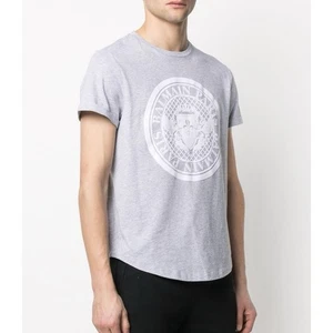 Balmain Flocked Coin Medallion Logo T-Shirt (Sz XL) Short Sleeve Tee Grey - Picture 1 of 16