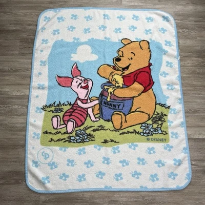Vintage  WINNIE THE POOH & Piglet Plush Fleece Blanket Hunny Bees Blue 44 by 54 - Image 1 of 4
