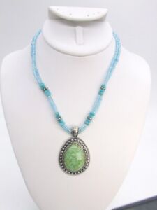 Kc Designs Iridescent Blue Bead Silver Tone Green Resin Pendant Choker Necklace