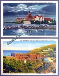 DUE Cartoline Vintage Anni '30 Colore Hotel Coronado + Casa Grigia Zane California - Foto 1 di 6