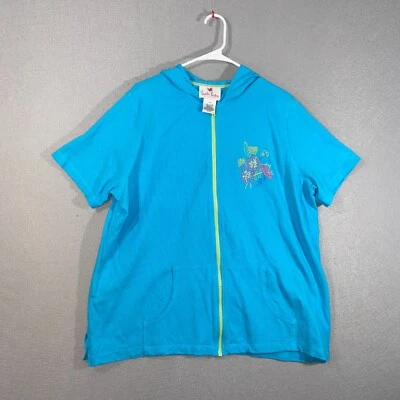 Quacker Factory Jacket Womens 1X Blue Solid Short Sleeve Hooded Full Zip Casual - Image 1 of 4