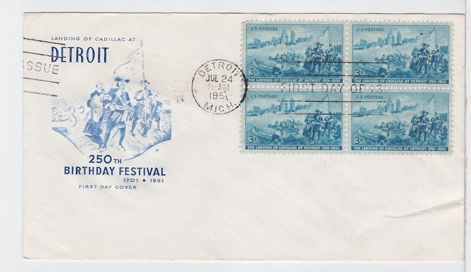 TurtlesTradingPost- Cadillac Lands at Detroit- FDC #1000 1951- Farnam Block of 4 - Image 1 of 1