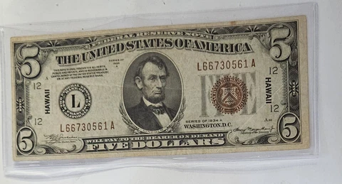 FR. 2302 1934-A $5 FIVE DOLLARS “HAWAII” FRN FEDERAL RESERVE NOTE Cover