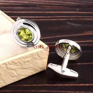 Natural Peridot Gemstone With 925 Sterling Silver Cufflink #177 - Picture 1 of 3