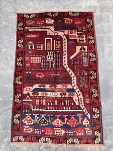 Afghan Authentic Balouchi Handmade Knotted Tribal Pictorial War Rug 135×90 Cm - Imagen 1 de 9