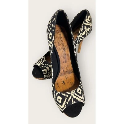 Christian Siriano Womens Size 8.5 Black and Cream Print, Cork Heels, Peep Toe - Изображение 1 из 4