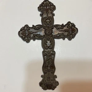 Cast Iron Fleur De Lis Floral Cross Wall Decor Rustic Antique Style Brown 10 in - Picture 1 of 6