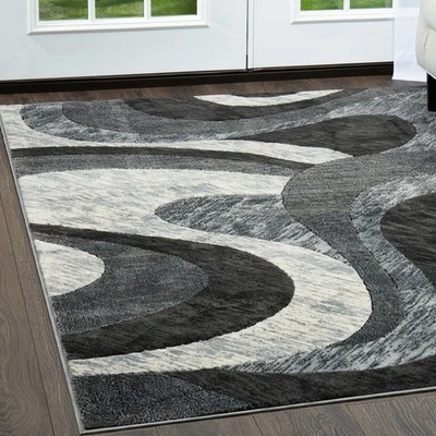 Modern Abstract Gray 4x6 Area Rug Contemporary Swirl Carpet - Actual 3'3"x5'2" - Image 1 of 4