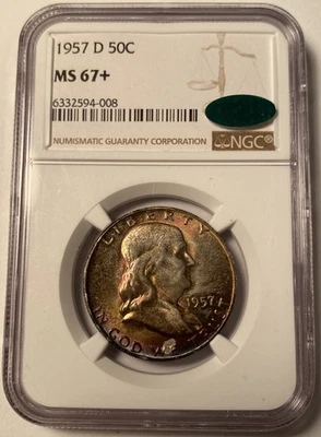 1957-D Franklin Half Dollar NGC MS67+ CAC Rainbow Toned Finest Known Pop 3/0 - Image 1 of 4