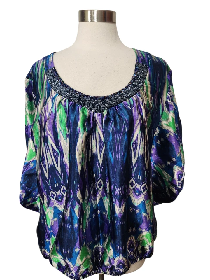 Lily White Womens Top 3X Blue Green Satiny Beaded Blouse Pullover Cinch Hem  - Image 1 of 4